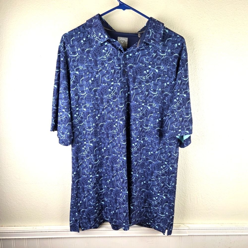 Callaway Golf Polo Mens Large Blue Drinks Cocktail Print Opti-Dri Swing Tech